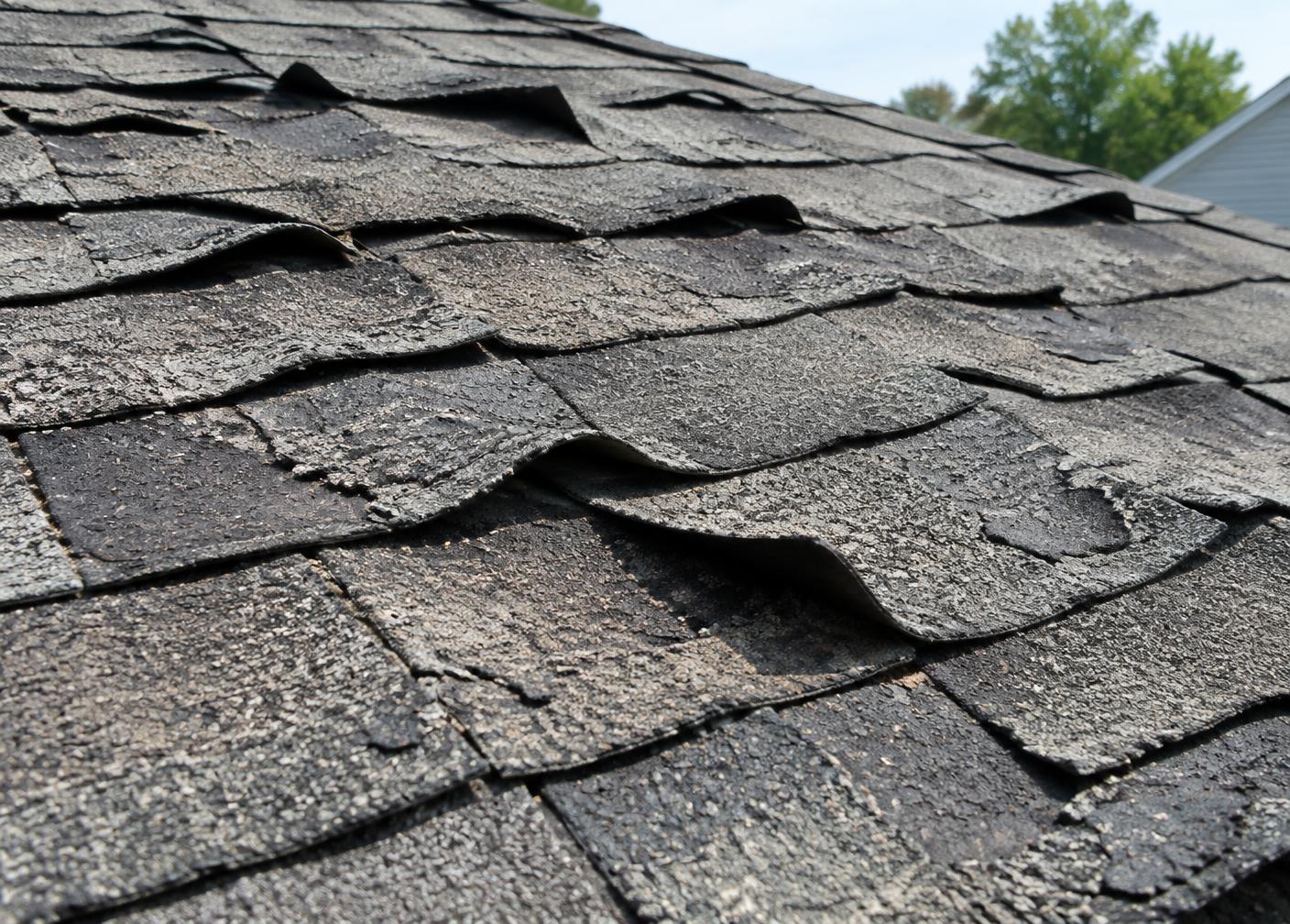 Severely curled and cupped asphalt shingles requiring roof replacement