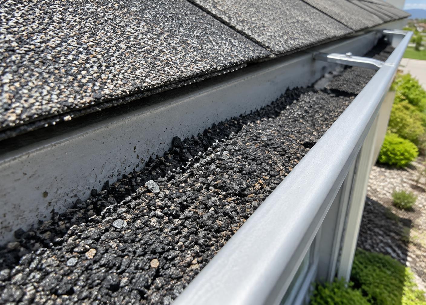 Heavy asphalt shingle granule buildup inside a rain gutter